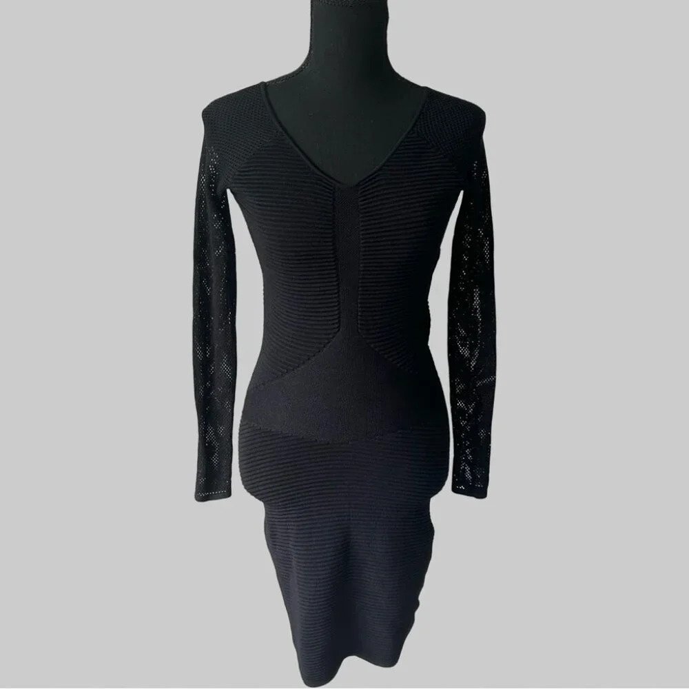 Olivaceous Black Mesh Sleeve  Bodycon Dress